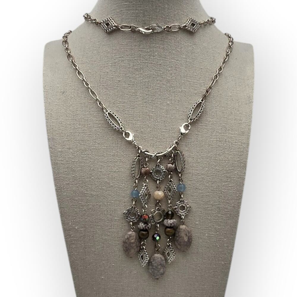 Earth Tone Ornate Dangle Pendant Convertible Necklace - Modern Eclectic Boho